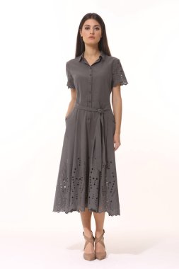 Hindistan iş kadını yöneticisi resmi çizgili uzun etekli poz veriyor.