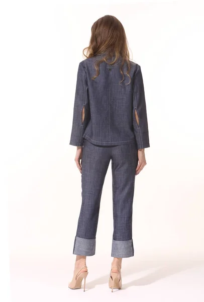 Femme Affaires Exécutive Posant Jeans Denim Costume Veste Pantalon Pleine — Photo