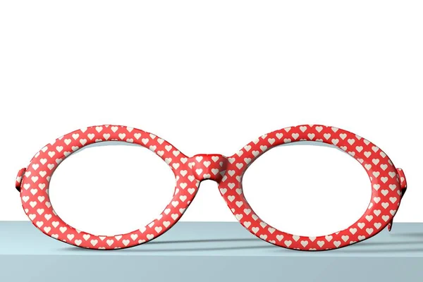 Okulary Oko Czerwonym Brzegiem Białe Serca Projekt Zbliżenie Zdjęcie Niebieski — Zdjęcie stockowe