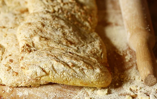 Two ciabatta bread loaf fresh bake close up photo on kitchen board — Stock Photo, Image