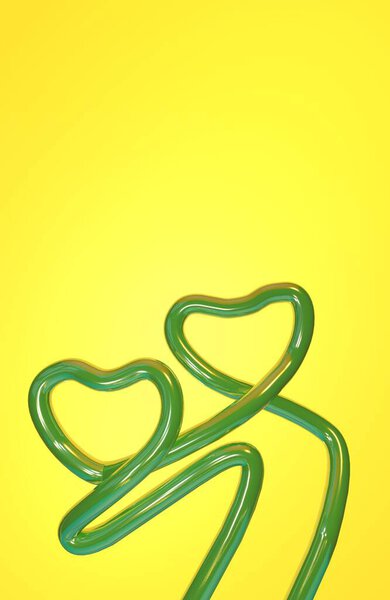 3d иллюстрация валентинки зеленые сердечные трубки с металлическим блеском и отражения абстракции с копированием пространства на желтом фоне
