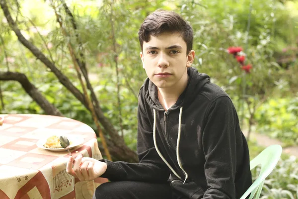 Teenager Handsome Boy Dining Outdoor Close Portrait Green Garden — Stock Photo, Image