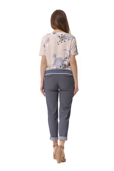 Executivo Mulher Negócios Posando Calças Azuis Impresso Shirt Comprimento Corpo — Fotografia de Stock
