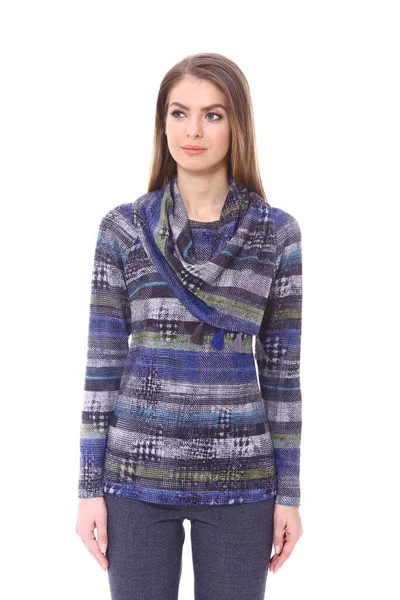 Biznes Kobieta Wykonawczy Pozowanie Niebieski Paski Wełniany Sweter Zbliżenie Zdjęcie — Zdjęcie stockowe