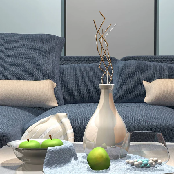 緑のリンゴ お菓子の花瓶 ボウルや枕でソファの背景のインテリアの3Dイラスト — ストック写真