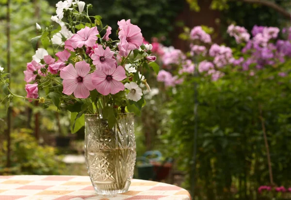 Roze en witte bloemen boeket in kristallen vaas close up foto — Stockfoto