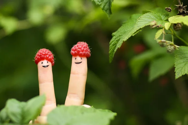 Deux doigts avec des visages drôles dans des chapeaux de framboise sur fond de buisson vert — Photo