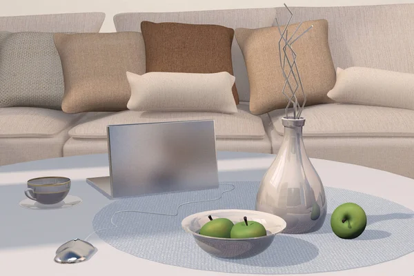 Ilustrasi 3d dari guci, apel hijau, laptop, mangkuk dan sofa interior latar belakang — Stok Foto