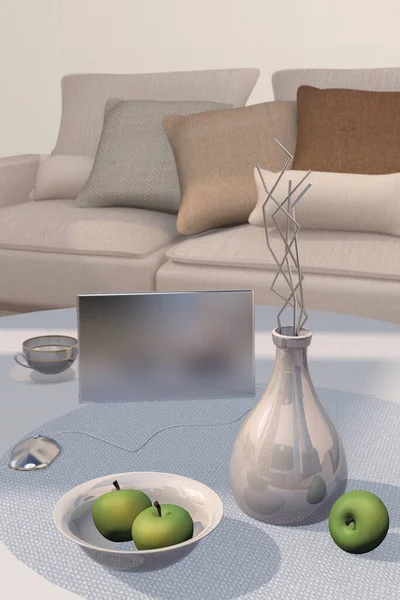 Illustrazione 3d verticale di vaso, mela verde, computer portatile, ciotola e divano sfondo interno — Foto Stock