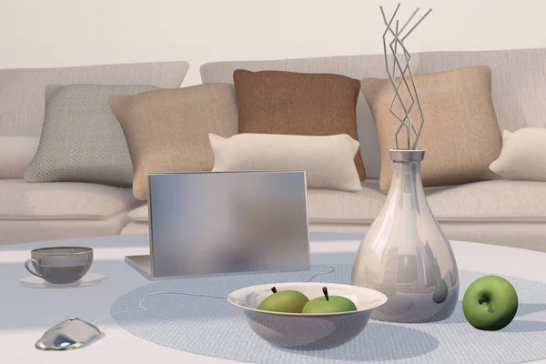 3d illustrazione di vaso, mela verde, computer portatile, ciotola e divano sfondo interno — Foto Stock