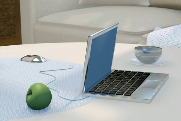 Illustration Von Stillleben Mit Laptop Grünem Apfel Teetasse Auf Dem — Stockfoto