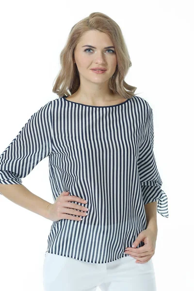 Blond Business Woman Official Formal Striped Blouse Close Photo Isolated — Stock Photo, Image