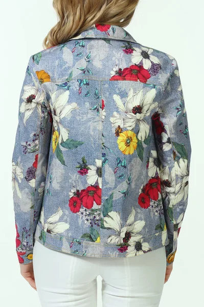 Mulher Negócios Loira Roupas Formais Oficiais Calças Jaqueta Impressão Floral — Fotografia de Stock