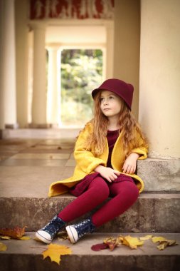 İrlandalı kızıl saçlı kız park mimarisinin arka planında sonbahar fotoğrafı.