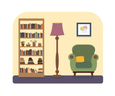 Vektör. Rahat okuma odası: kitap ve bitkiler, lamba, yastık ile koltuk, duvara asılı boyama ile kitaplık. Düz karikatür tarzı vektör illüstrasyon. Eps10 Vektör