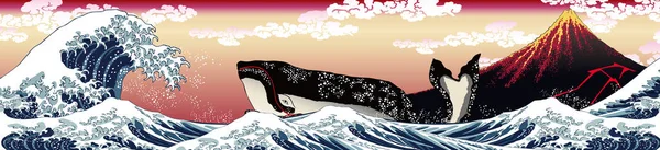 神奈川市近岸海域&山下市白鲸红富士长版 — 图库矢量图片