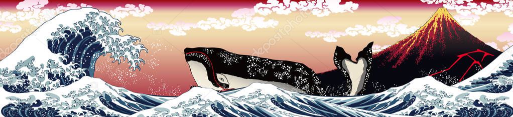  Off the coast of Kanagawa & Shirahama Yamashita Red Fuji & Whale Long Version