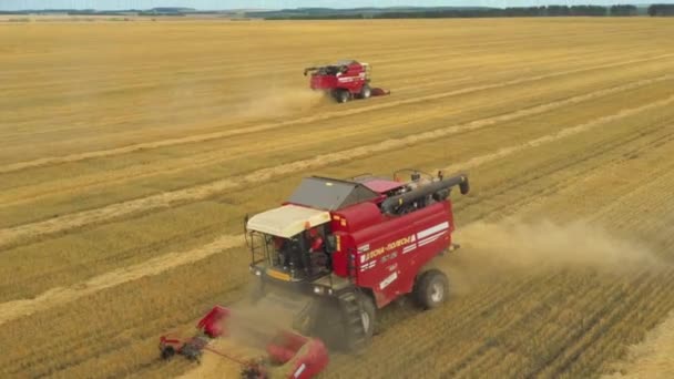 Von einer Drohne aufgenommen, fährt ein roter Erntewagen durch ein Feld. Russland, Baschkortostan — Stockvideo