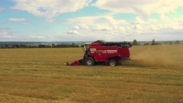 ドローンから撮影された赤い収穫機が畑をドライブします。ロシア、バシコルトスタン — ストック動画