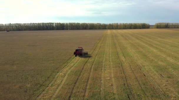 Preso da un drone, un raccoglitore rosso attraversa un campo. Russia, Bashkortostan — Video Stock