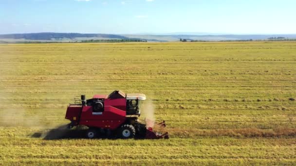 Preso da un drone, un raccoglitore rosso attraversa un campo. Russia, Bashkortostan — Video Stock