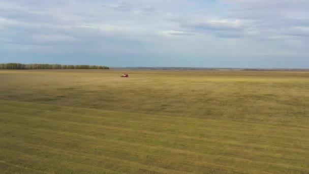 Afgenomen van een drone, rijdt een rode oogstmachine door een veld. Rusland, Bashkortostan — Stockvideo