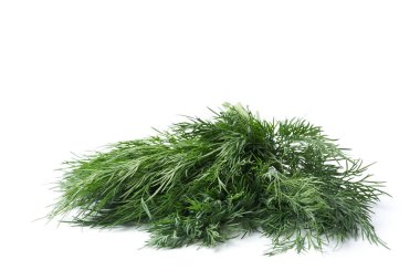 Beyaz arka planda bir sürü taze dereotu izole edilmiş.