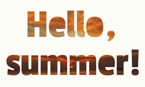 Bonjour Summer lettrage. Coucher de soleil tropical orange vif fond brun et corail — Photo