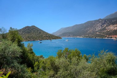 Körfez manzaralı dağlar ve deniz. Kefonia Adası, Yunanistan