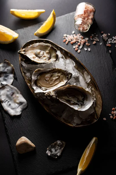 Opened Oysters on plate with lemon and pink salt on dark background. Fresh oysters close-up top view