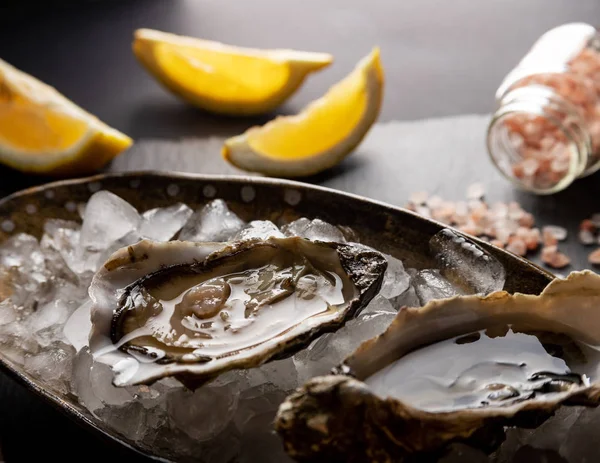 Opened Oysters on plate with lemon and pink salt on dark background. Fresh oysters close-up top view