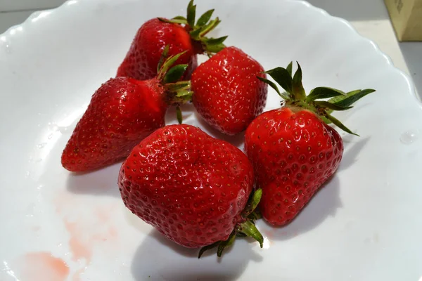 Red Ripe Strawberries White Plate — Stock Photo, Image