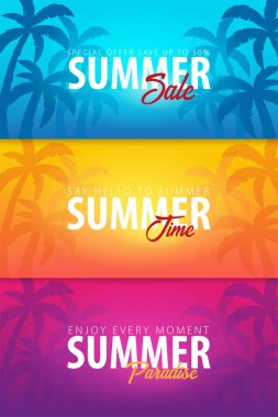 Yaz tropikal arka plan avuç içi ve günbatımı ile ayarlayın. Yaz afiş poster el ilanı davetiye. Yaz saati. Vektör