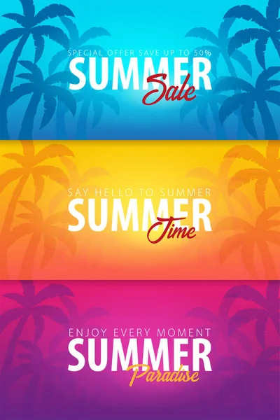 Summer tropical backgrounds set with palms and sunset. Summer placard poster flyer invitation card. Summer time. Vector — Stock Vector