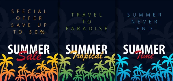 Sommaren Tropical bakgrunder set med palmer. Sommaren plakatet affisch flyer inbjudningskort. Sommartid. Vektorillustration. — Stock vektor