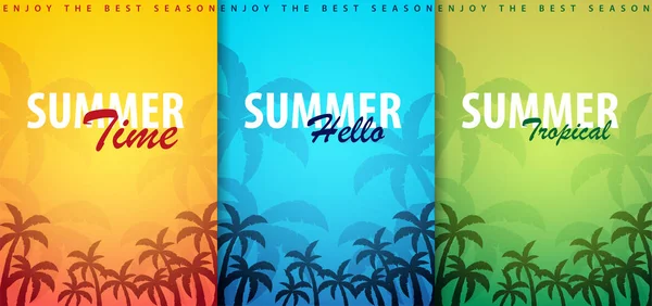 Summer Tropical backgrounds set with palms. Summer placard poster flyer invitation card. Summer time. Vector Illustration. — Stock Vector