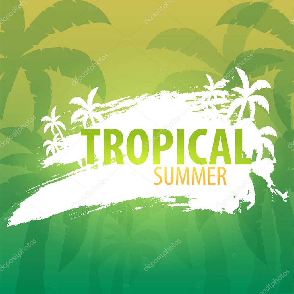 Summer tropical background with palms and sunset. Summer placard poster flyer invitation card. Summer time. Vector Illustration.