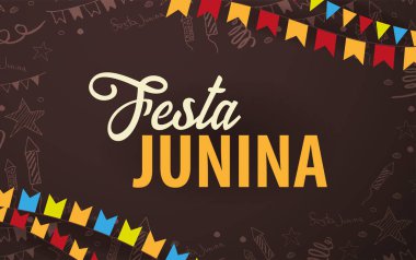 El ile Festa Junina arka plan çizmek doodle öğeleri ve parti bayrakları. Brezilya veya Latin Amerika tatil. Vektör çizim.