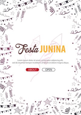 Festa Junina arka plan el ile doodle öğeleri çizmek. Brezilya veya Latin Amerika tatil. Vektör çizim.
