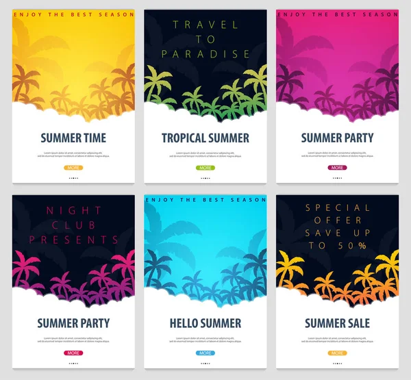 Sommer tropischen Hintergründen mit Palmen gesetzt. Sommerplakat Flyer Einladungskarte. Sommerzeit. Vektorillustration. — Stockvektor