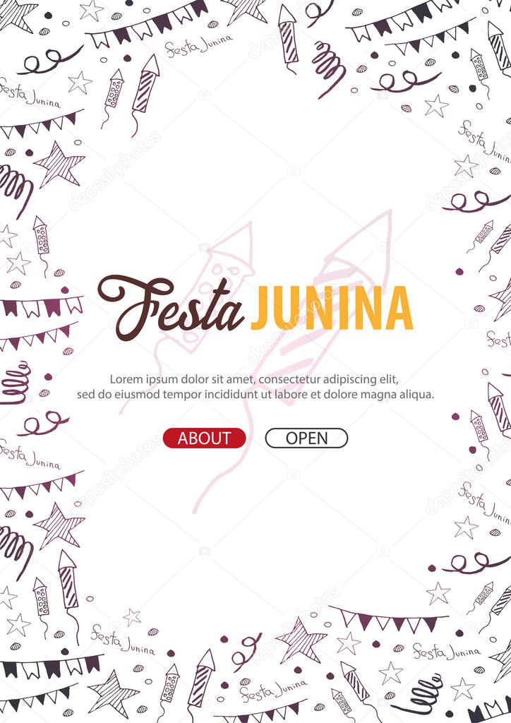 Festa Junina background with hand draw doodle elements. Brazil or Latin American holiday. Vector illustration.