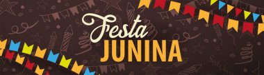 El ile Festa Junina arka plan çizmek doodle öğeleri ve parti bayrakları. Brezilya veya Latin Amerika tatil. Vektör çizim.