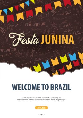 El ile Festa Junina arka plan çizmek doodle öğeleri ve parti bayrakları. Brezilya veya Latin Amerika tatil. Vektör çizim.