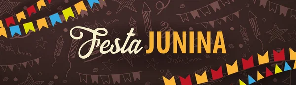 Fondo Festa Junina con elementos garabatos dibujados a mano y banderas de fiesta. Fiesta de Brasil o América Latina. Ilustración vectorial . — Vector de stock