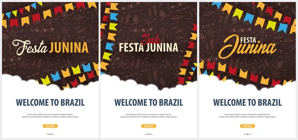 Set de fondos Festa Junina con elementos garabatos dibujados a mano y banderas de fiesta. Fiesta de Brasil o América Latina. Vector — Vector de stock