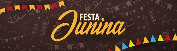 Fondo Festa Junina con elementos garabatos dibujados a mano y banderas de fiesta. Fiesta de Brasil o América Latina. Ilustración vectorial . — Vector de stock