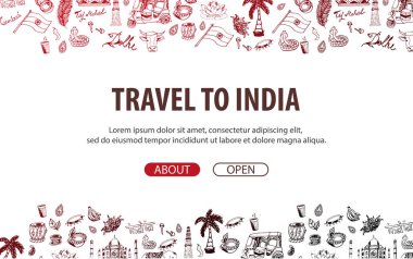 Hindistan'a seyahat. Hint elle çizilmiş arka plan üzerinde doodles. Vektör çizim.