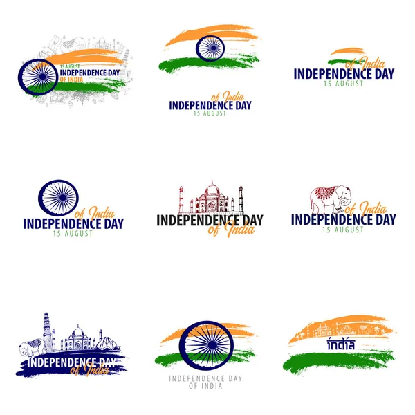 Set emblems of Independence Day of India. 15th August. Vector illustration.