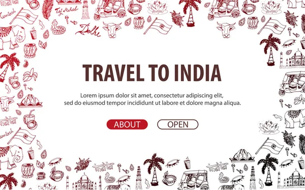 Resa till Indien. Indiska handritad doodles på bakgrund. Vektorillustration. — Stock vektor