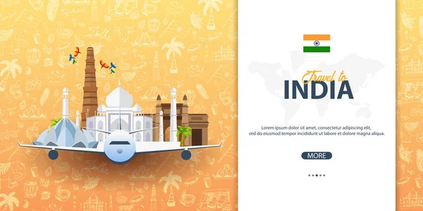 去印度旅行。印第安手画在背景上涂鸦。矢量插图. — 图库矢量图片